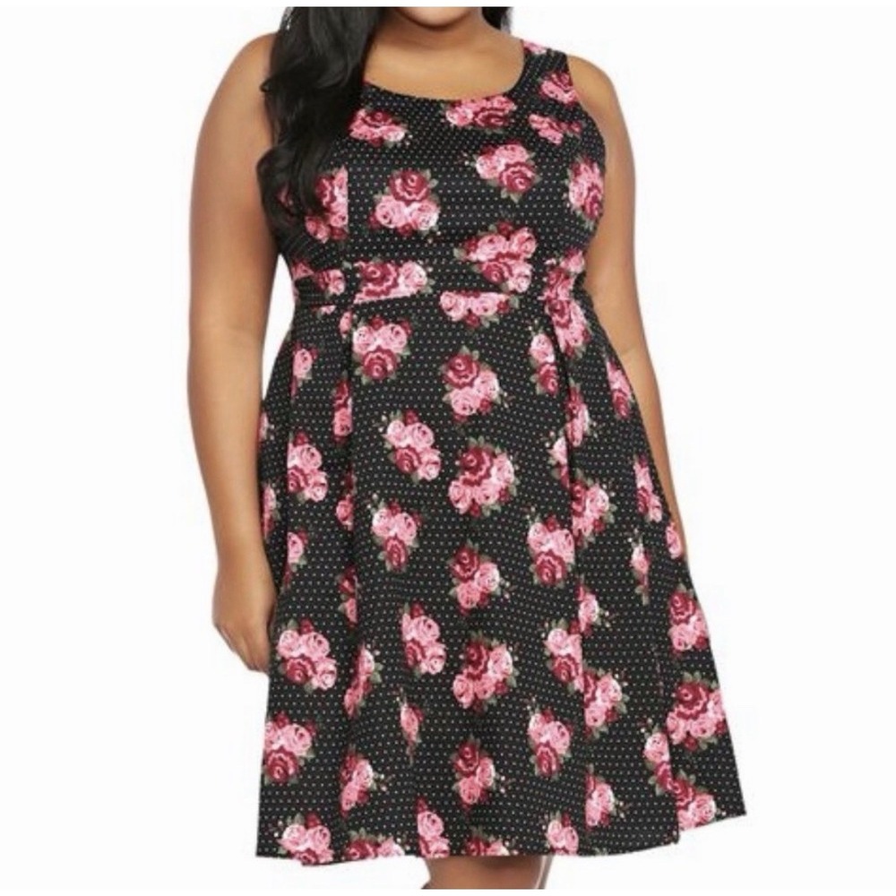 Torrid Fit & Flare Dress 24 Black Pink Floral Polka Dot Pinup Feminine Romantic